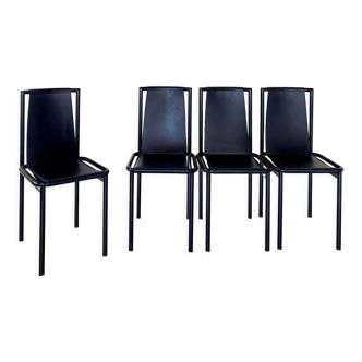 4 postmodern design chairs in black metal and leather, 1980's