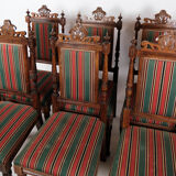 Set of six dining room chairs of oak and upholstered with striped fabric, 1920s