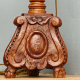 Carved wooden lamp, fiber shade