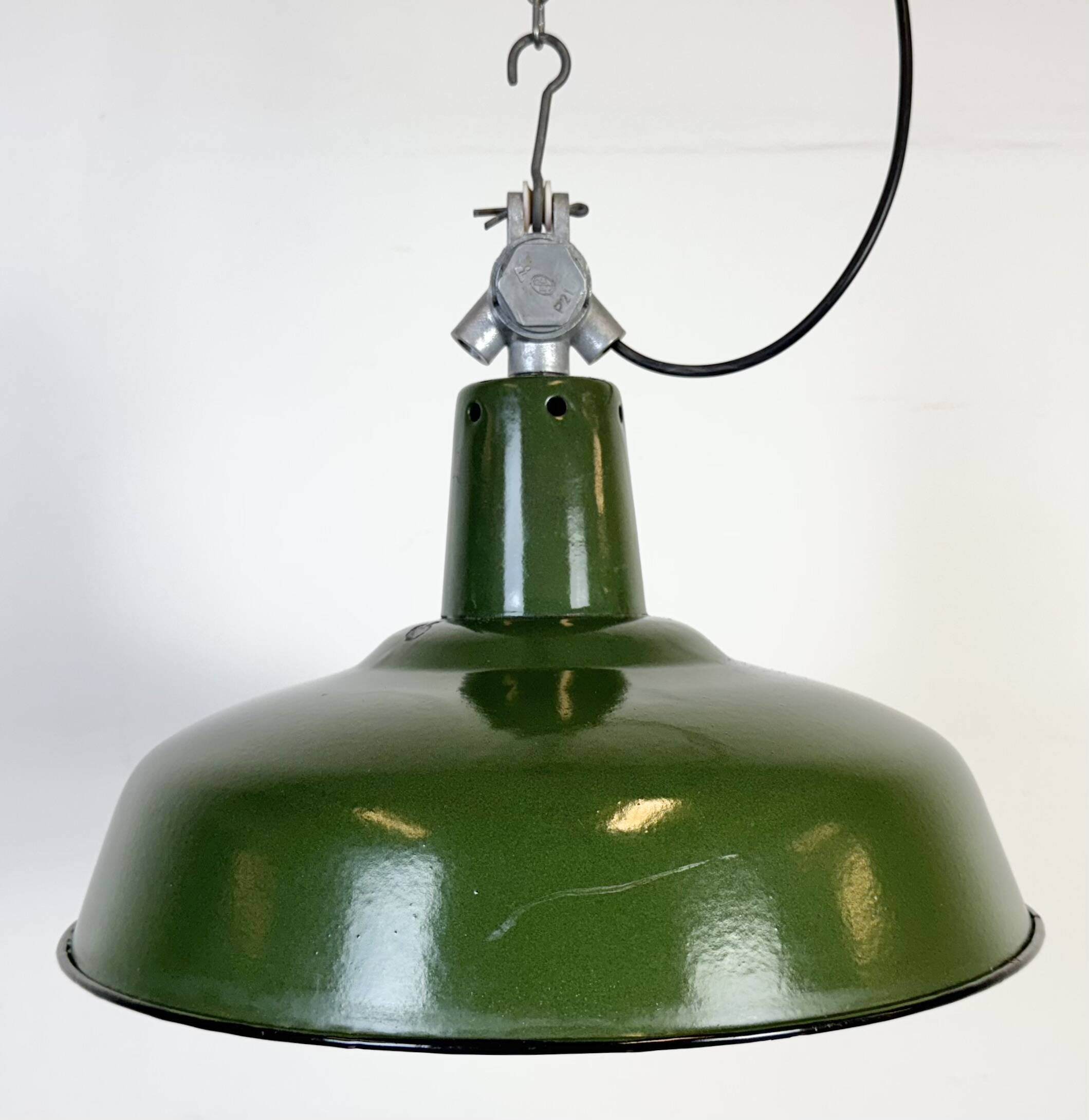 Industrial French Green Enamel Factory Pendant Lamp, 1960s