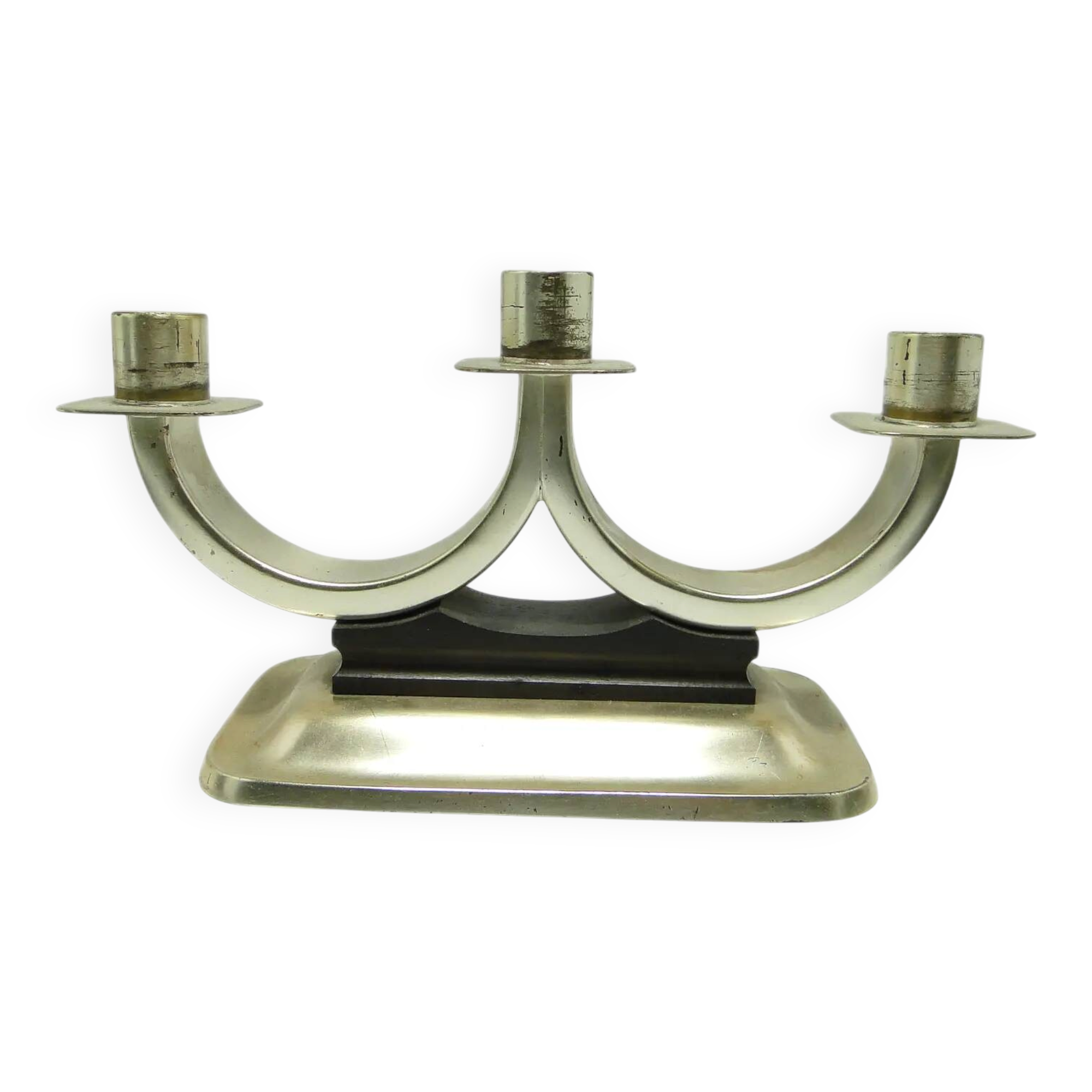 Three-armed candlestick, Art Deco, silver-plated brass, Quist, Germany, 1950s