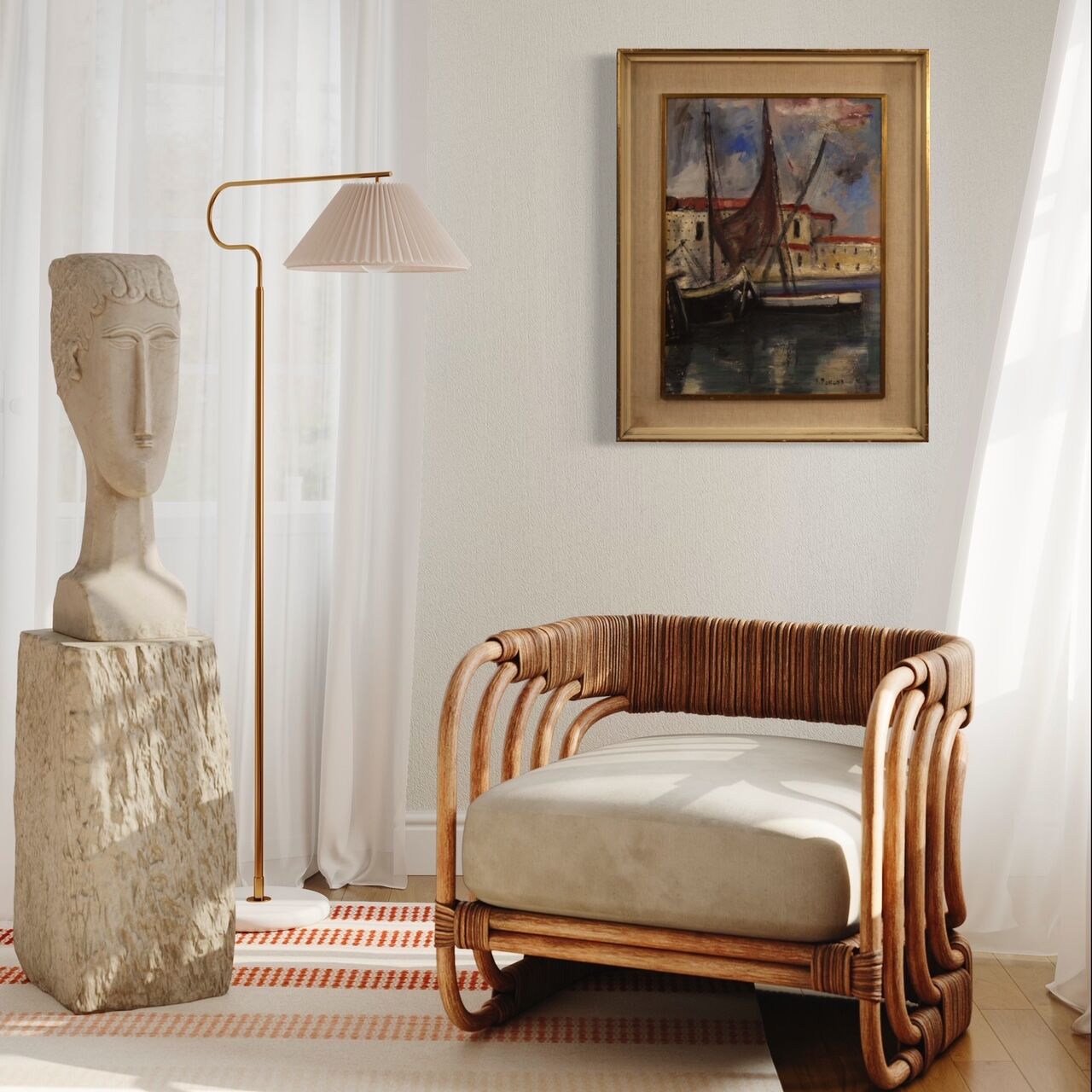 Italian painting signed harbor view with boats from 20th century