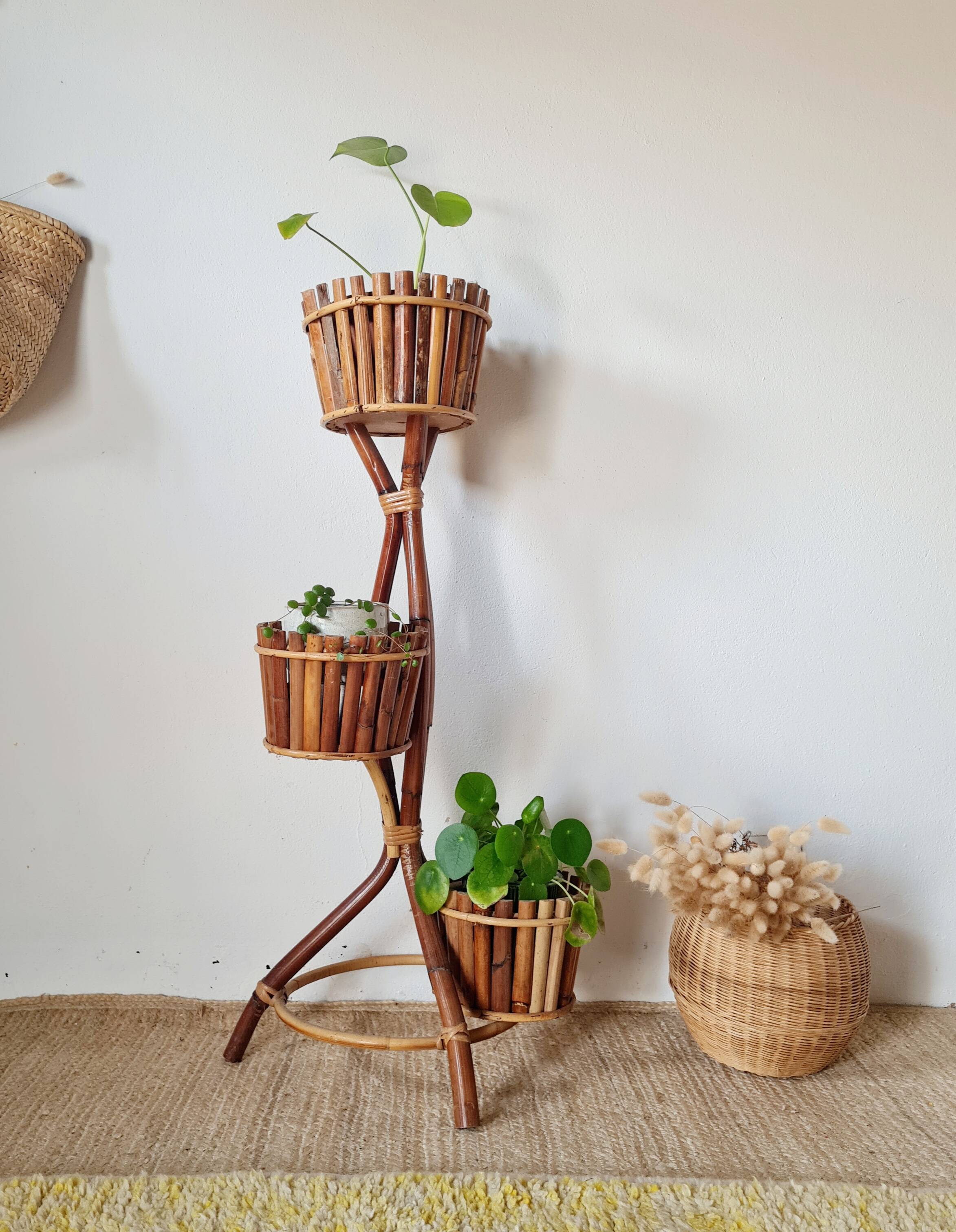 Vintage 3-tier plant stand in bamboo and rattan