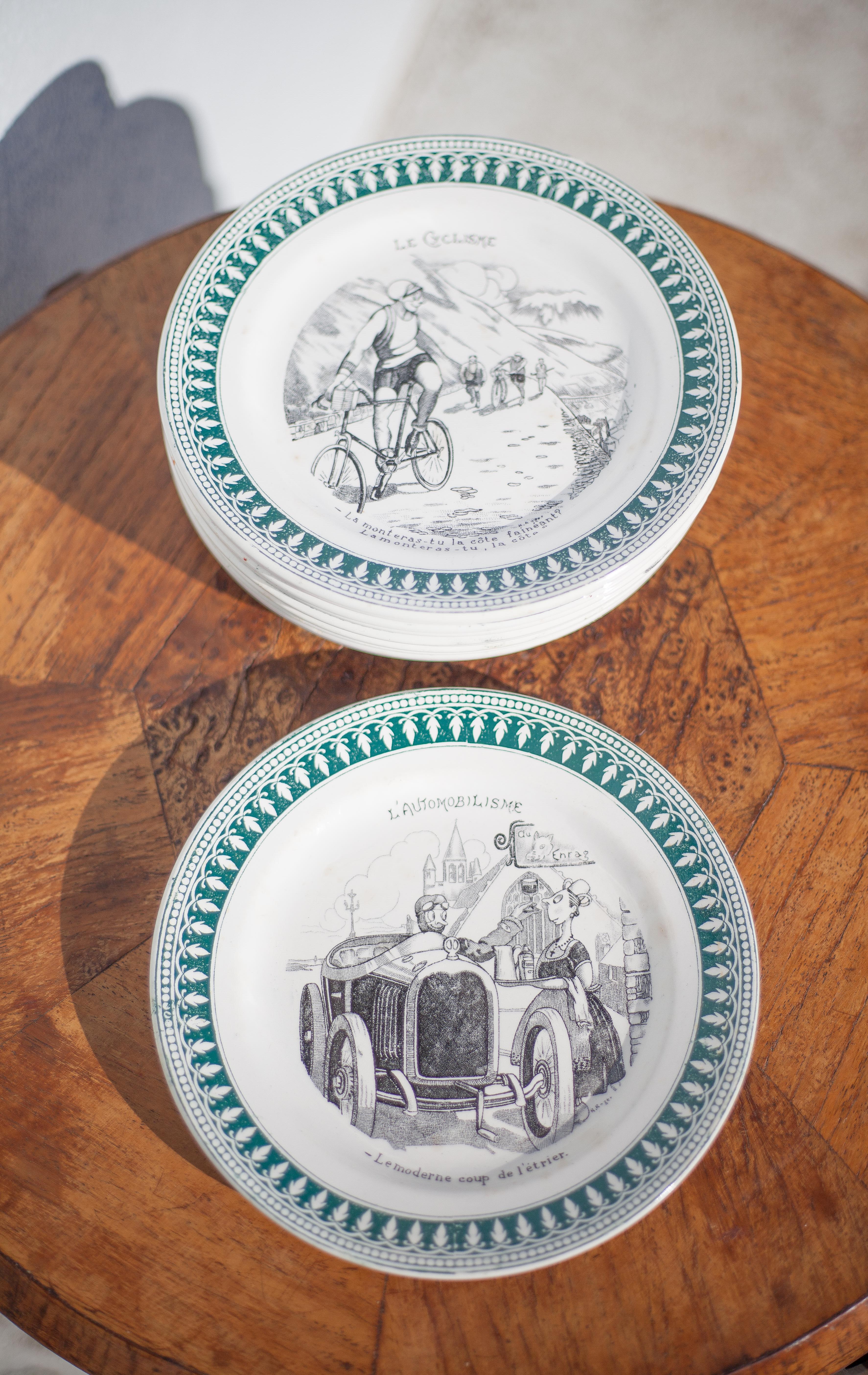 Service ceramic dessert plate St Amand x 11, cheese plate, talking plate theme sport