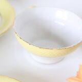 Set of 7 cups and under cups in ceramic Moulin des Loups, yellow, French manufacture,