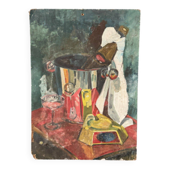 Oil on cardboard still life with champagne bucket 1960