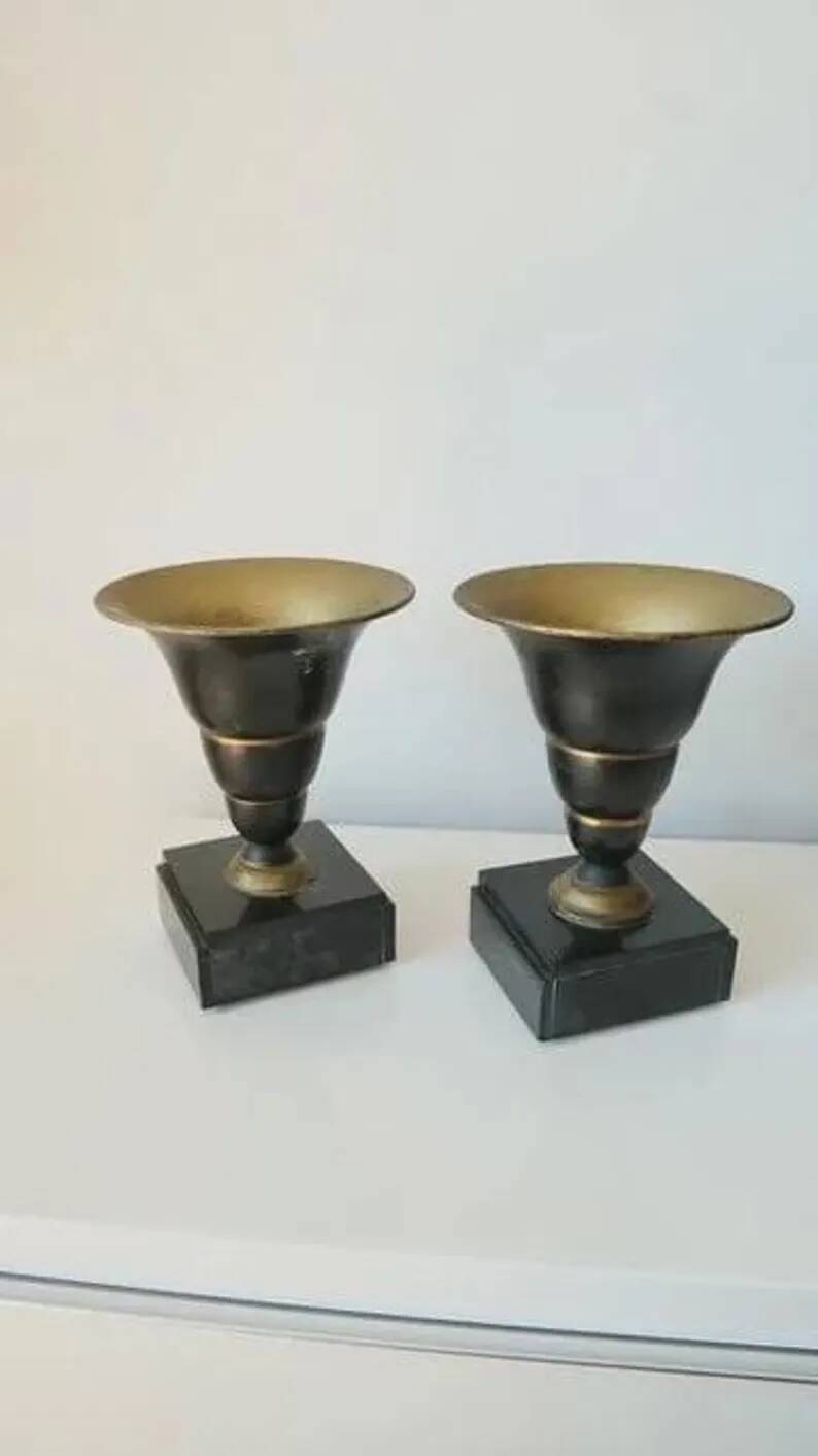 Superb pair of Art Deco enamelled brass cassolettes – black and white marble base – 1930s