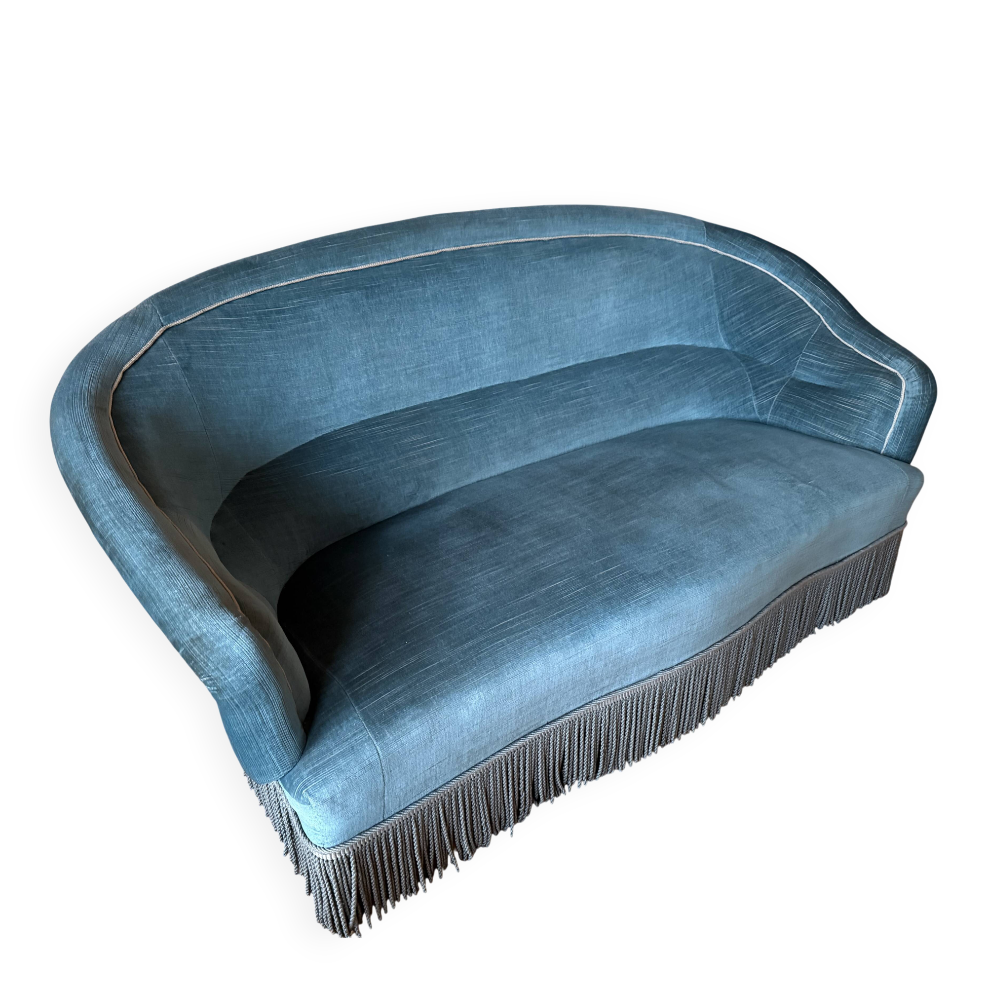Canapé vintage en velours bleu – style Art déco – franges