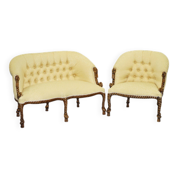 Ensemble sièges style Napoléon III en Rope Twist: fauteuil & canapé Chesterfield