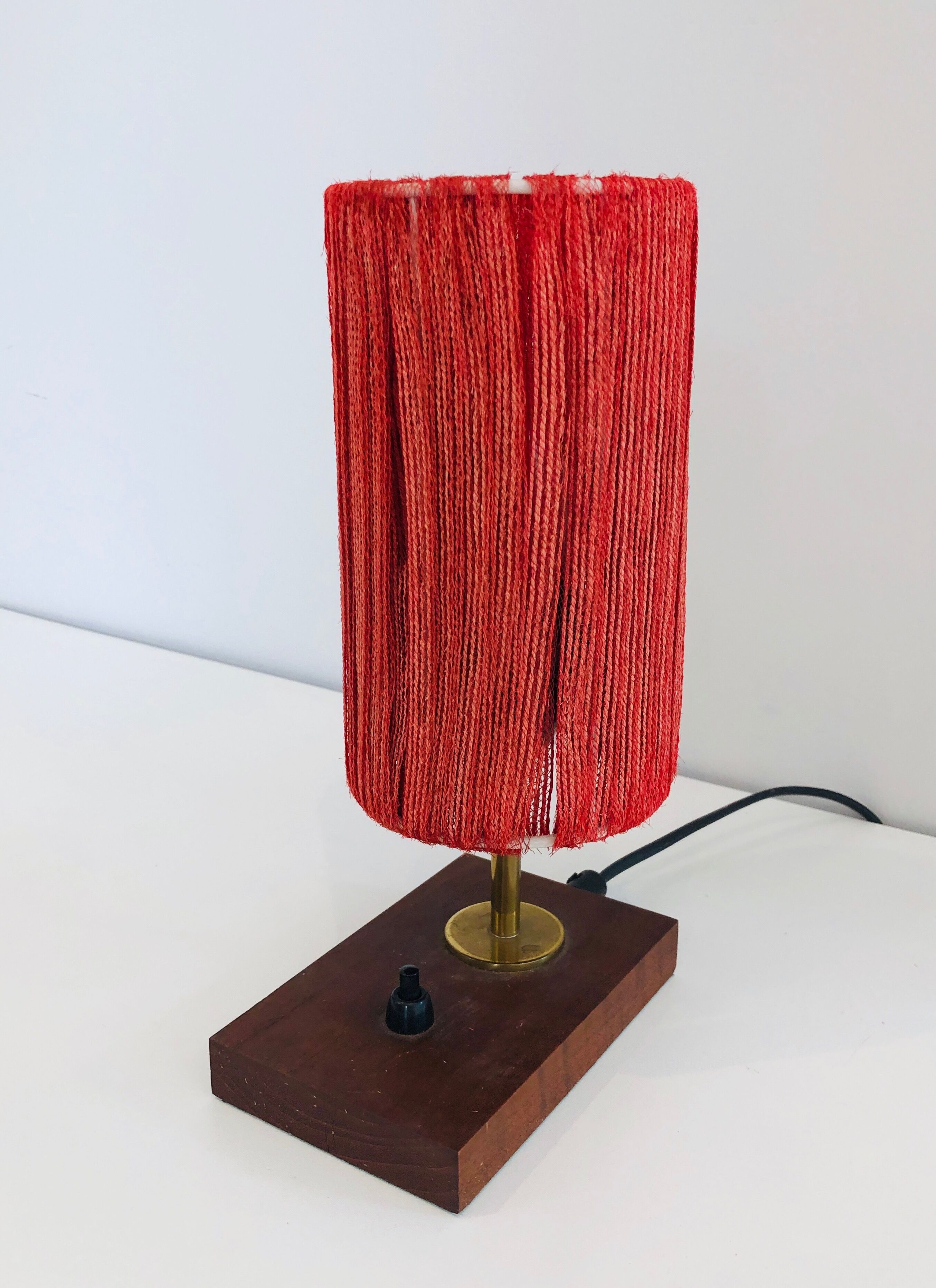Lamp in wood, brass and wool