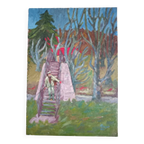 Oil on canvas - landscape with character, fauvism style, signed ROUYI 77