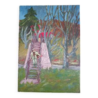 Oil on canvas - landscape with character, fauvism style, signed ROUYI 77
