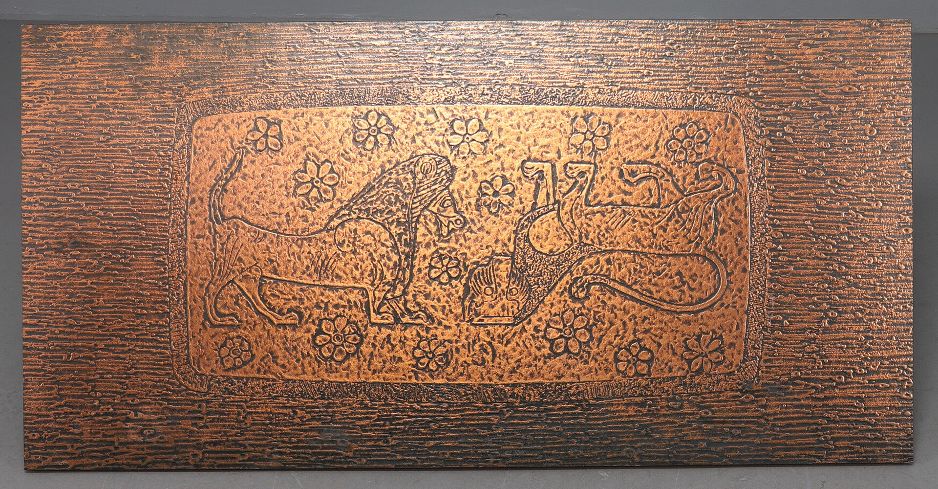 Vintage brutalist coffee table made of wood and copper