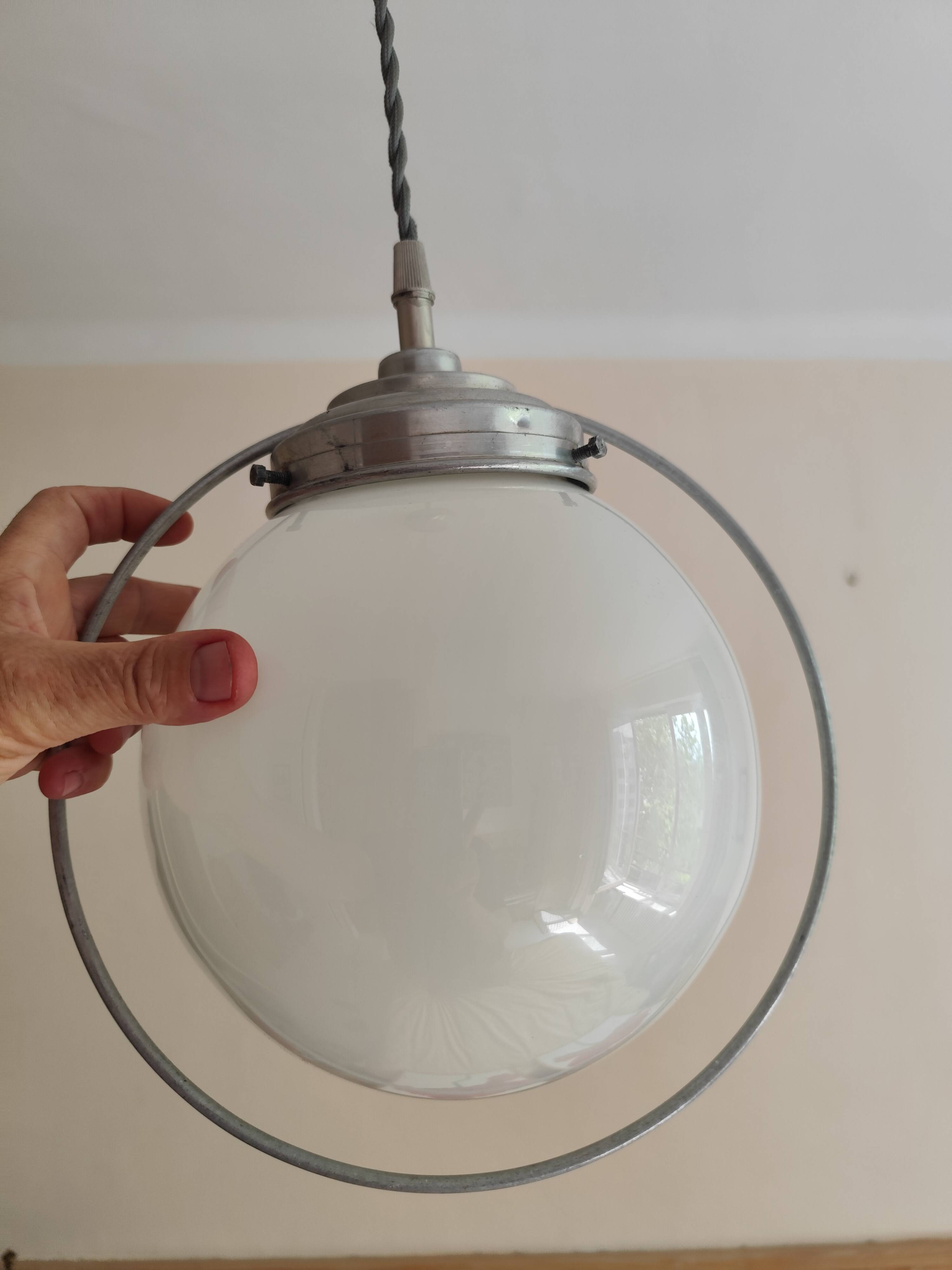 Suspension drop globe opaline white and metal structure