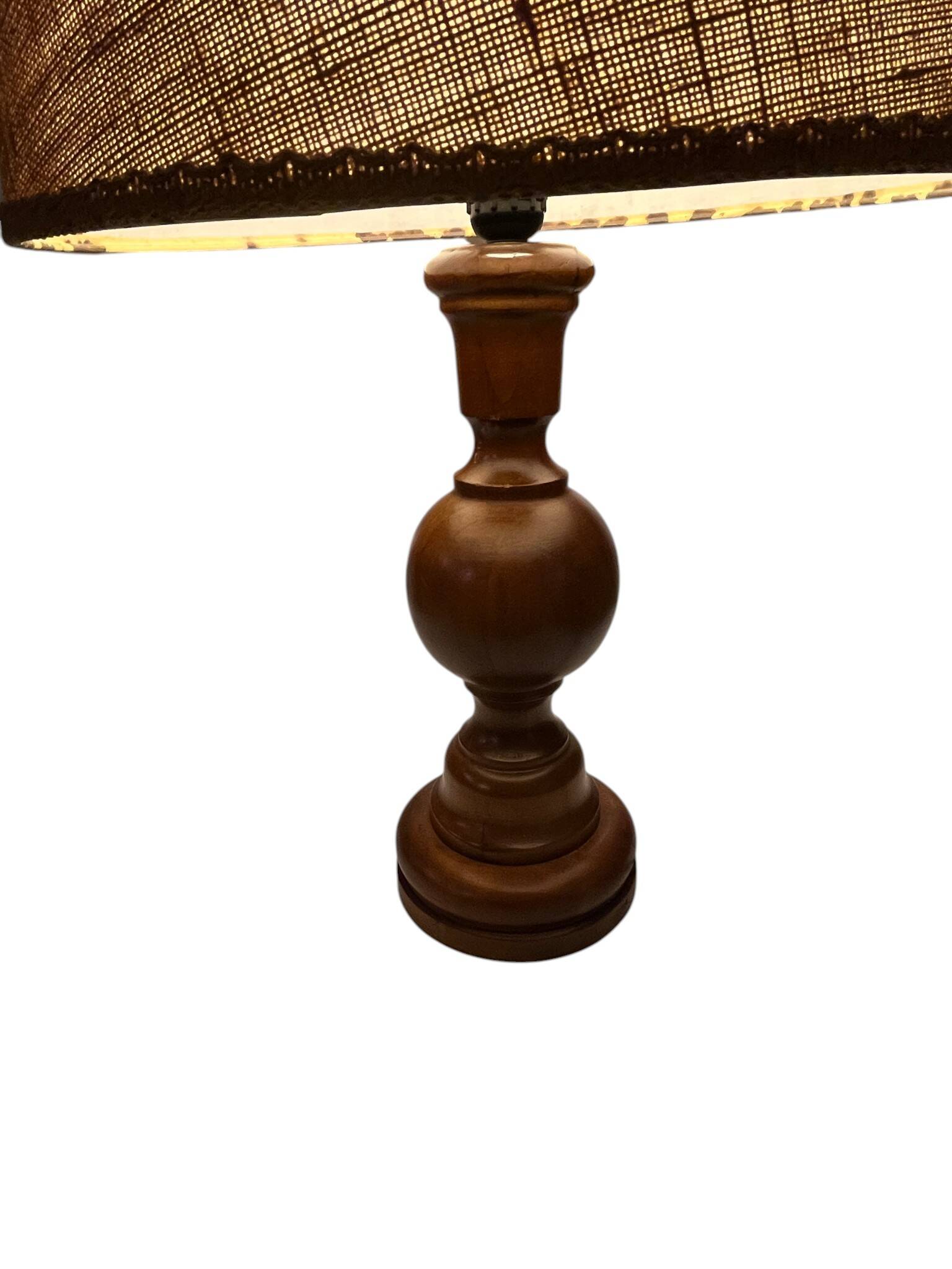 Vintage, large wooden base lamp with shade from around 1970.