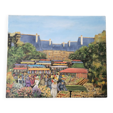 Oil Painting on Canvas - Breton Market Landscape Signed Chateaugiron