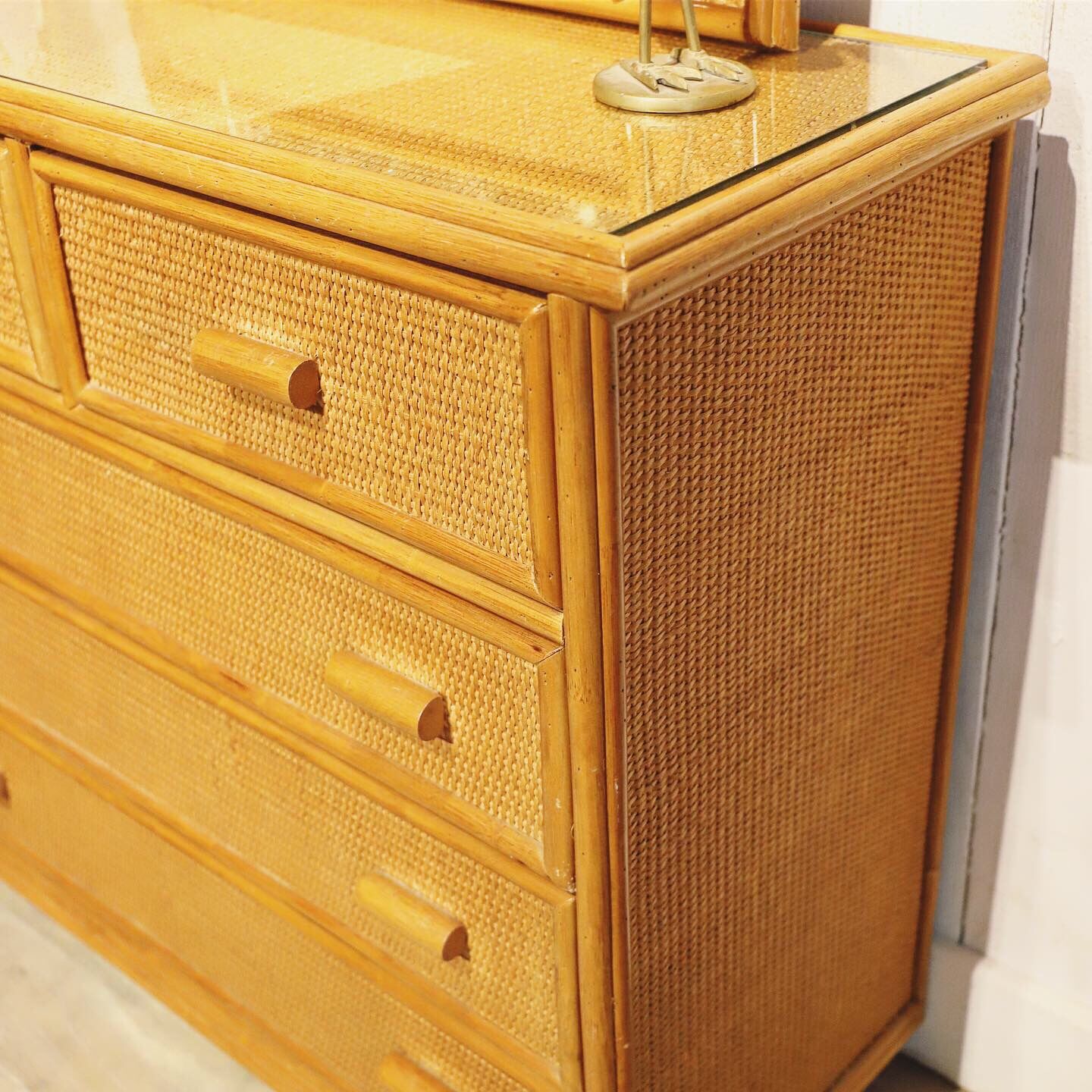Dresser and its rattan mirror, 1960s