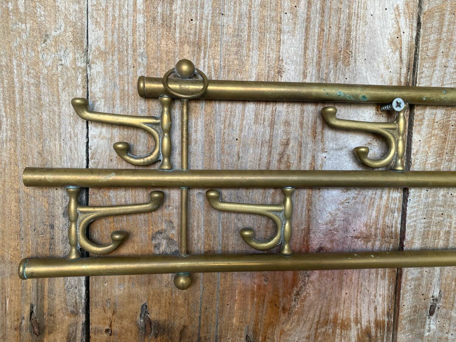 Vintage Wall Coat Rack Brass 7 Foldable Hooks #D748