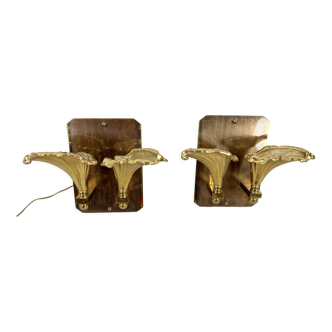 Pair of bronze flower wall lamps, 1970s