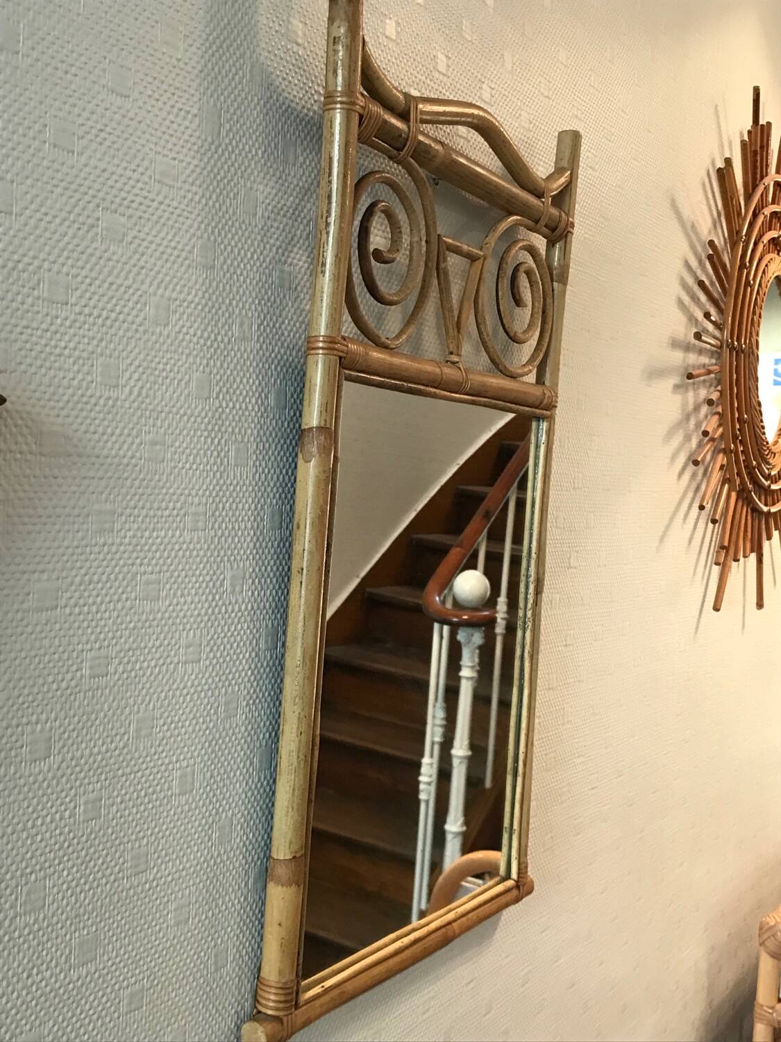 old rattan bamboo mirror owl shape vintage owl