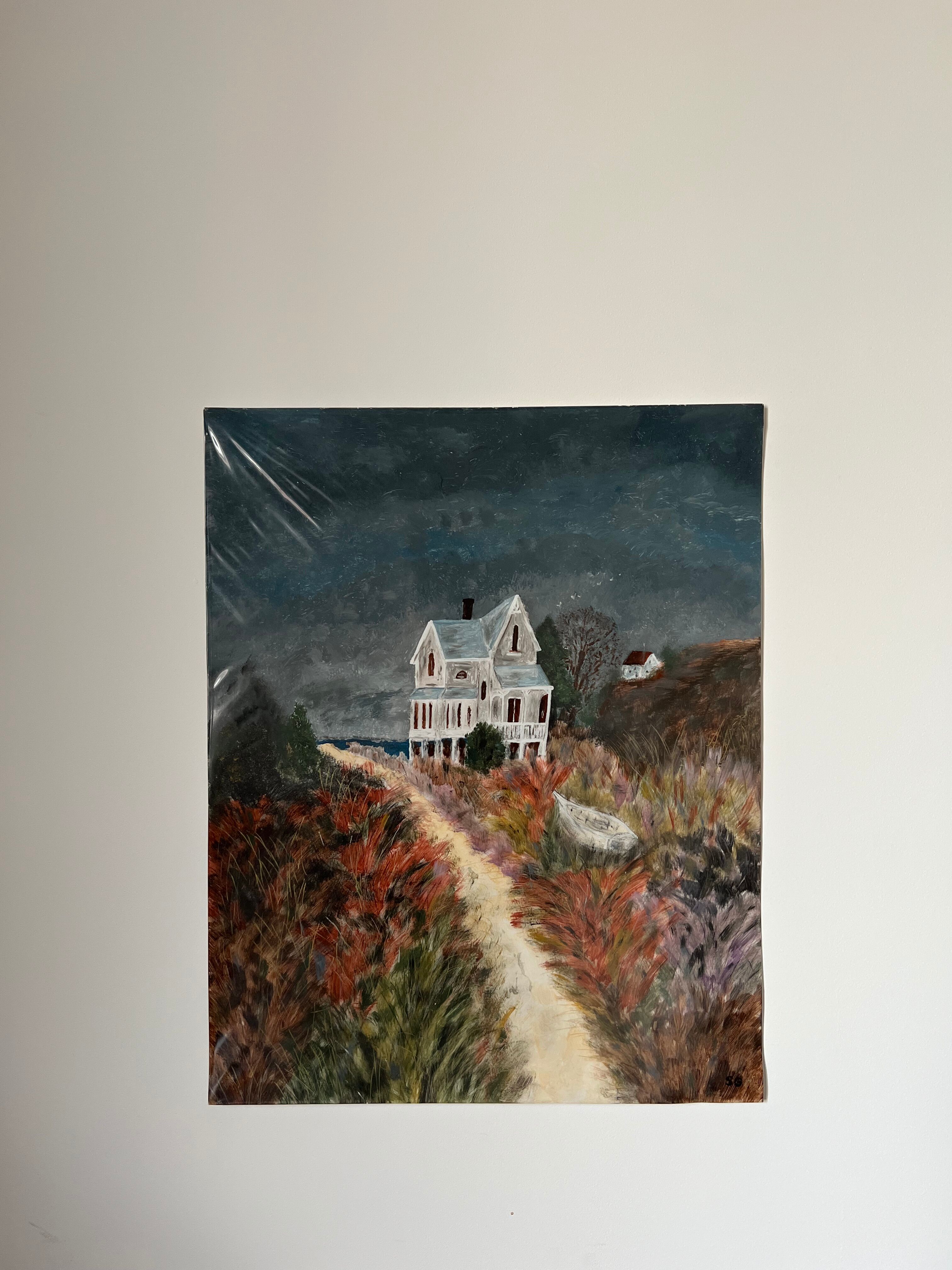 Painting of house by the sea, handmade, on thick paper