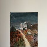 Painting of house by the sea, handmade, on thick paper