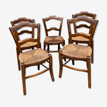 Set of 5 walnut mulched brasserie chairs, 1900s