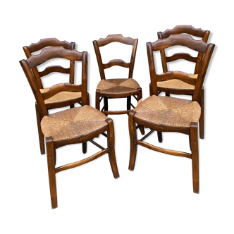 Série de 5 chaises brasserie paillées noyer, 1900