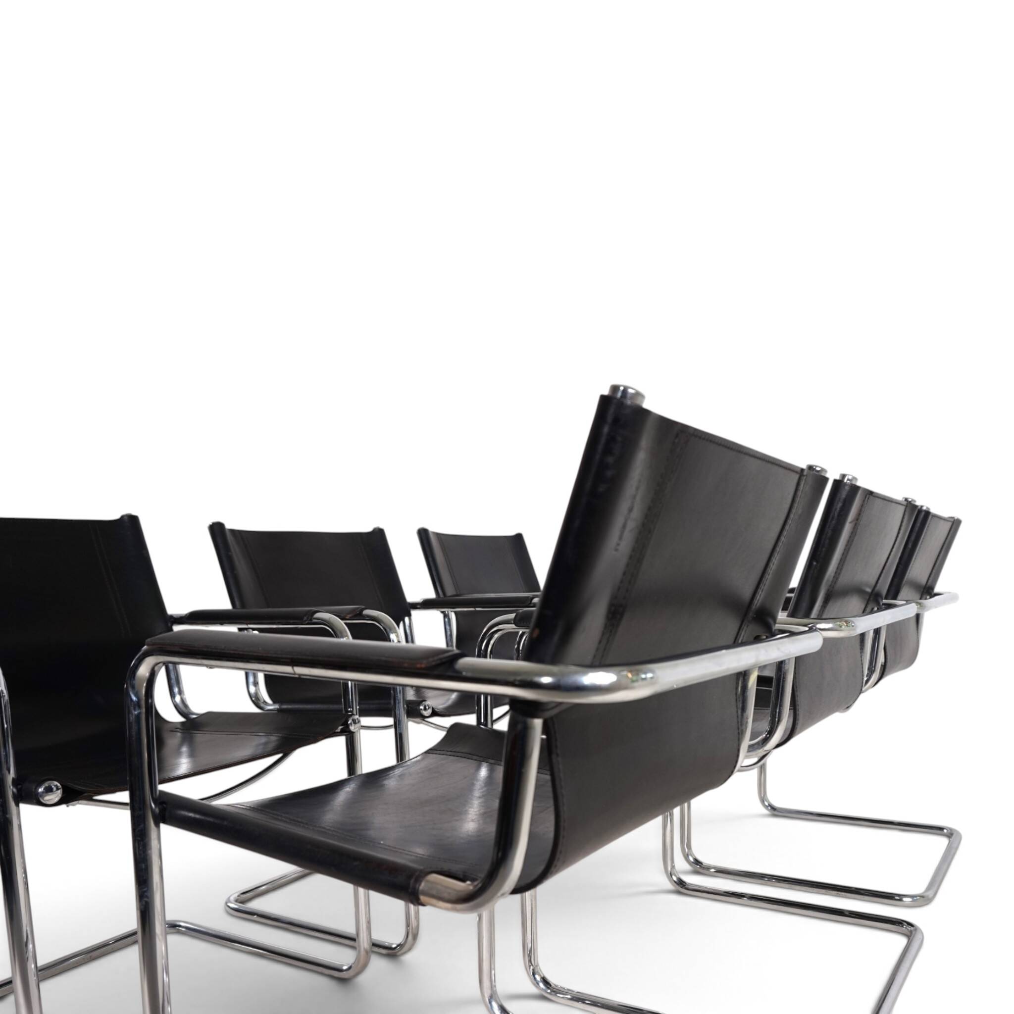 Matteo Grassi Set of 6 Visitor Chairs, Leather/Chrome Dining Chairs, 1970