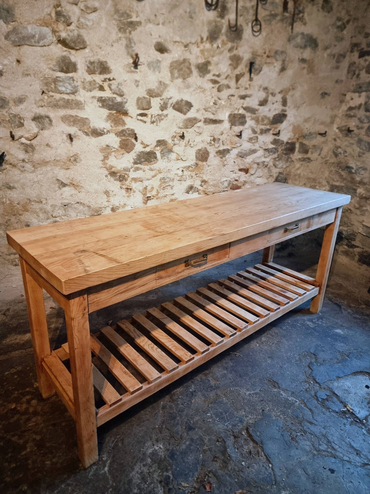 Old French baker's table – kitchen island / work table in solid chestnut with drawers.