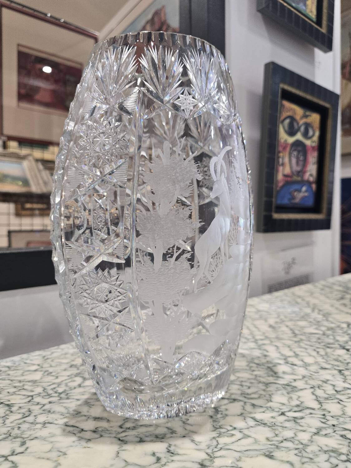 Cut crystal vase - ibex decoration, 20th century