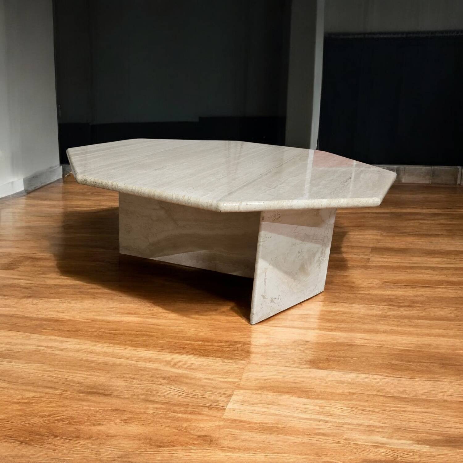 Octagonal coffee table in travertine