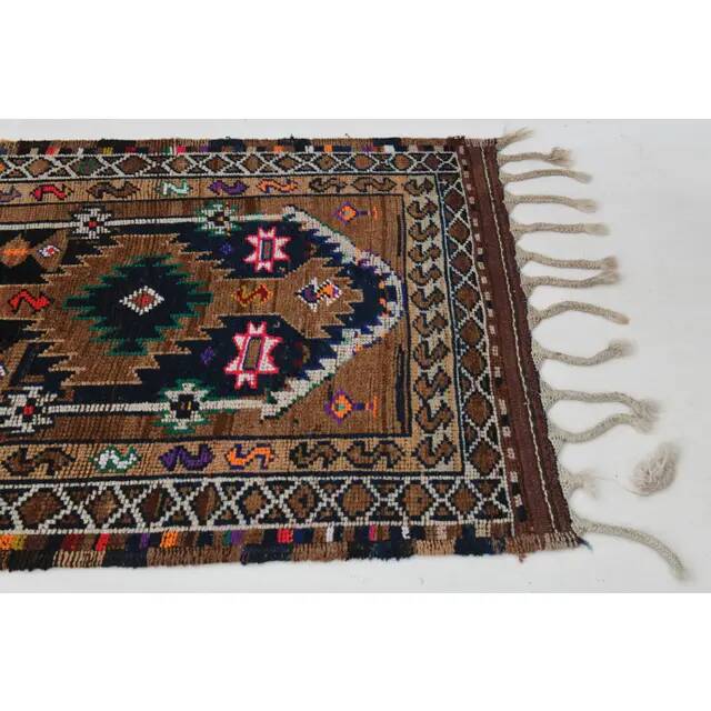 1970s Vintage Turkish Oushak Handmade Wool Cotton Brown Runner Rug 96x301