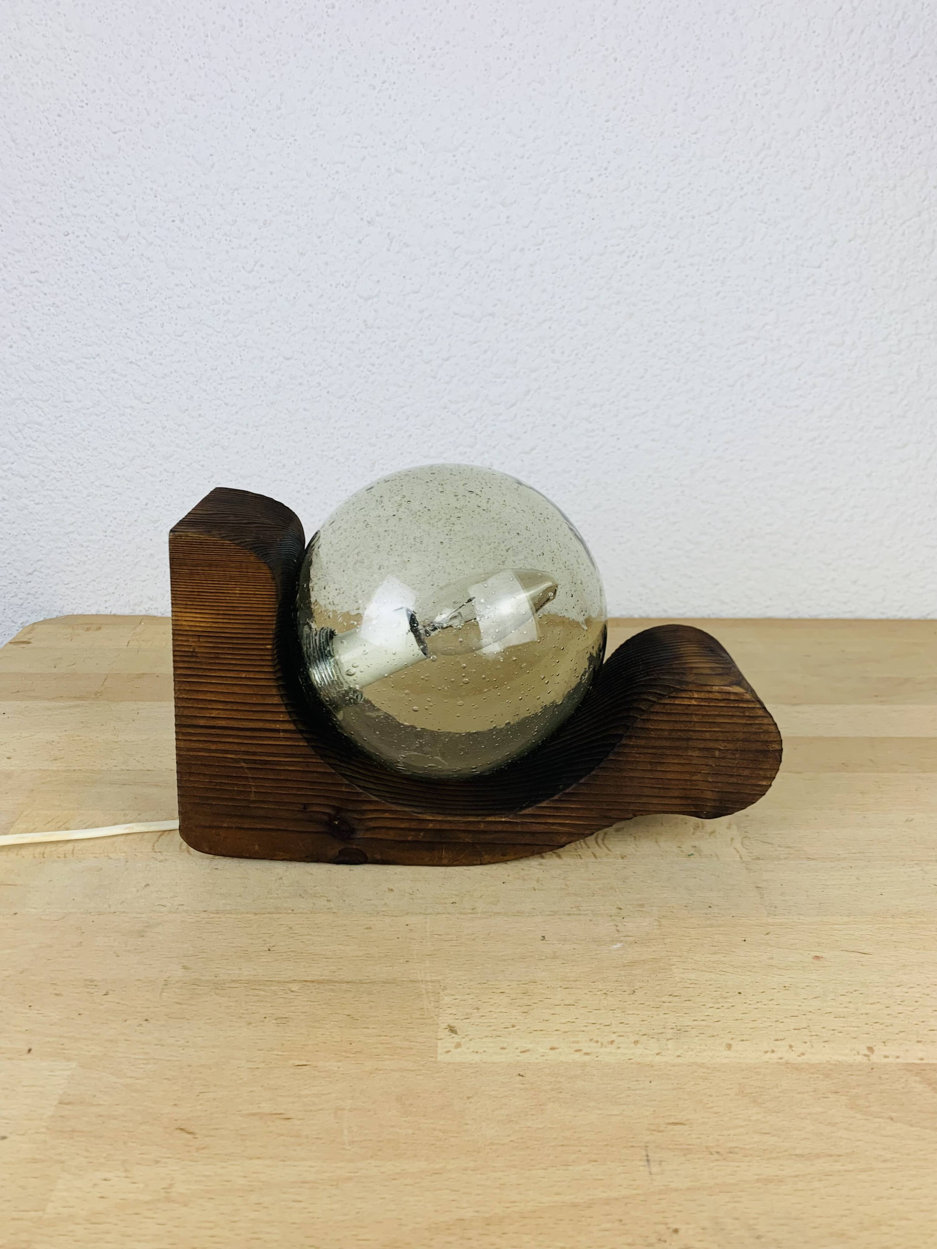Brutalist lamp Temde Leuchten 1970s pine and glass globe
