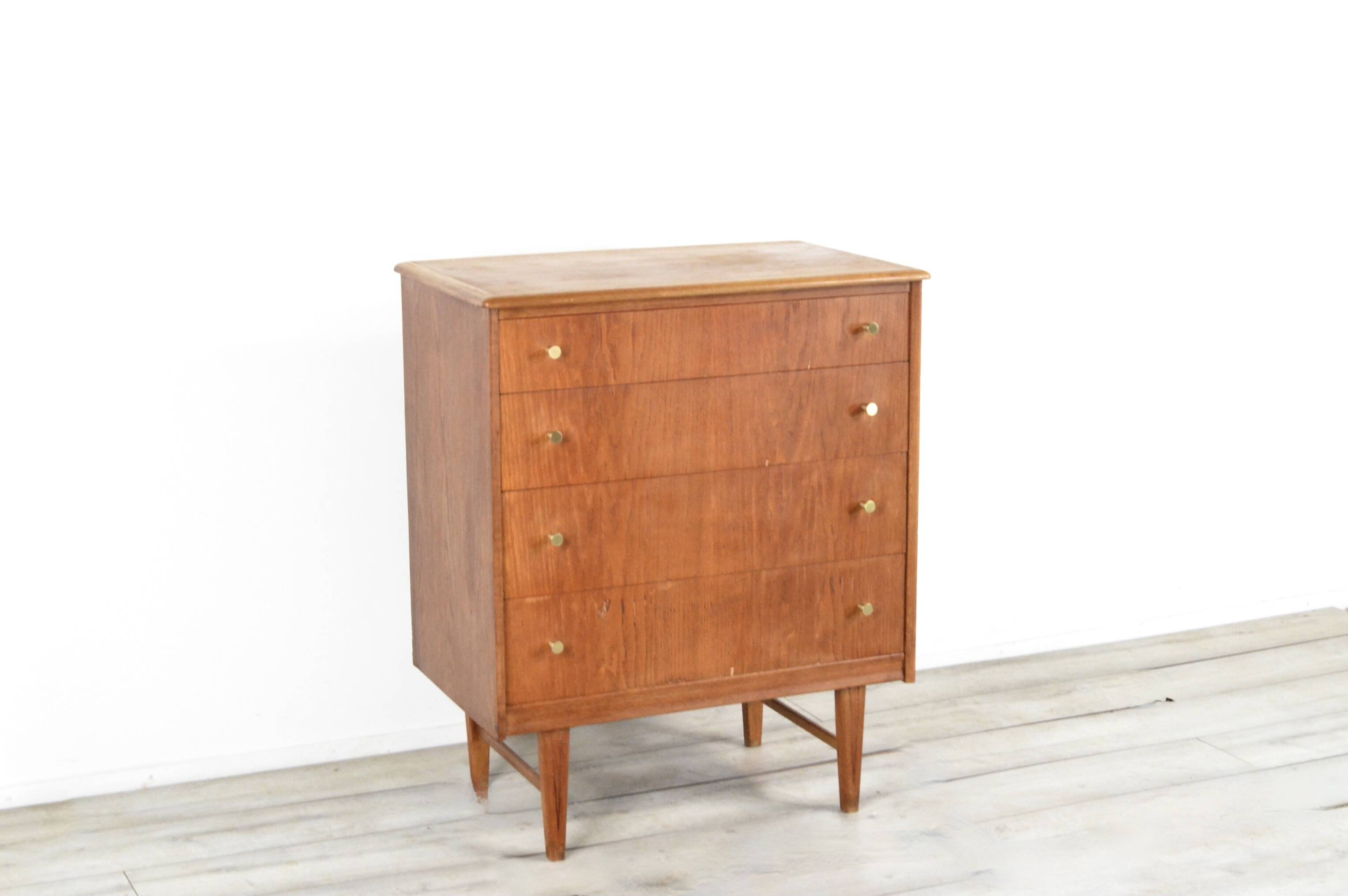 Midcentury Teak And Brass Chest Of Drawers Tallboy. Vintage Modern Retro