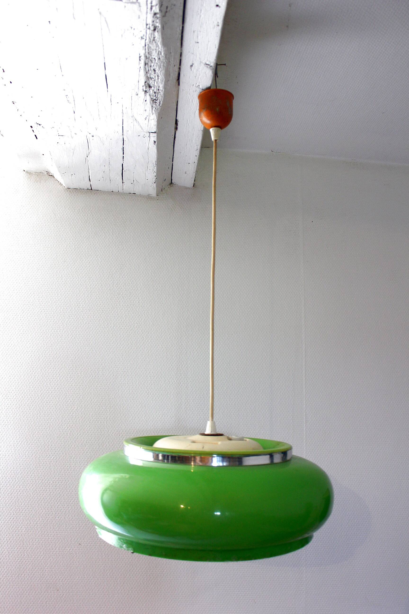 Vintage space age green saucer pendant light from the 1970s