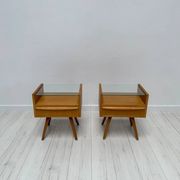 1960s vintage pair of mid-century walnut nightstands with glass shelves