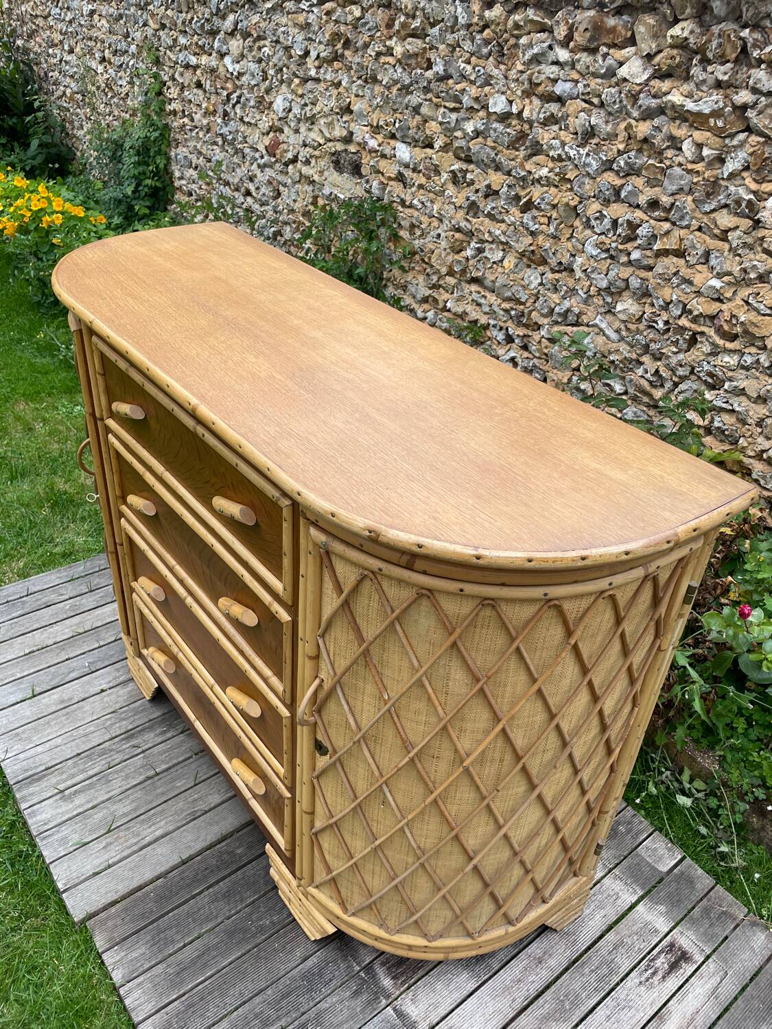 Vintage rattan and oak sideboard 1960-70