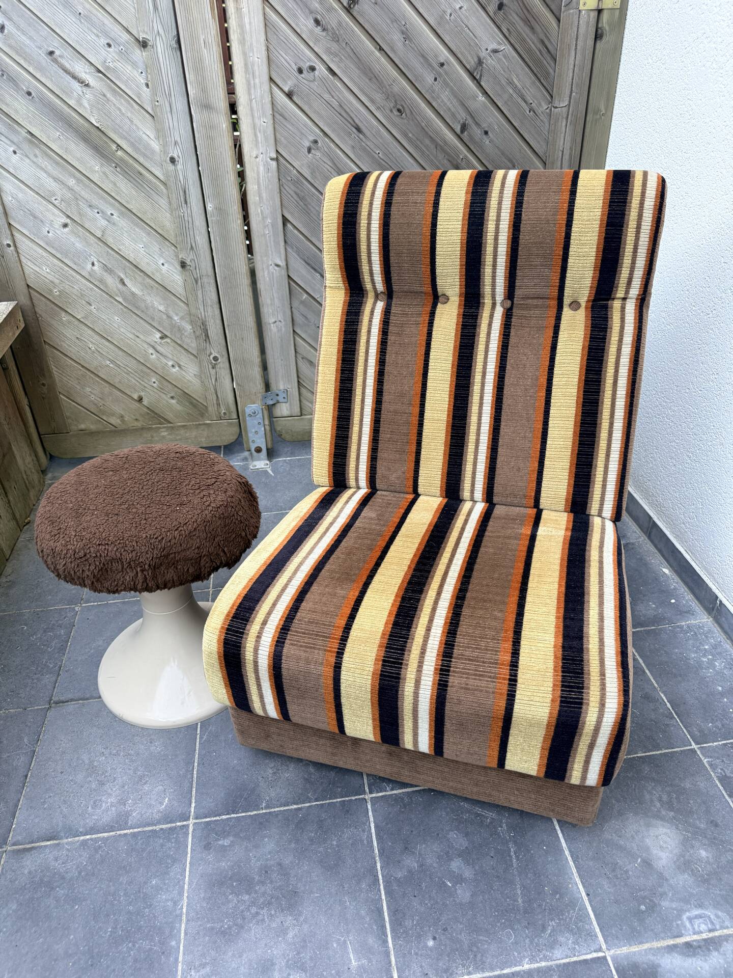 Vintage 1970s lounge chair – striped orange, brown, and cream velvet