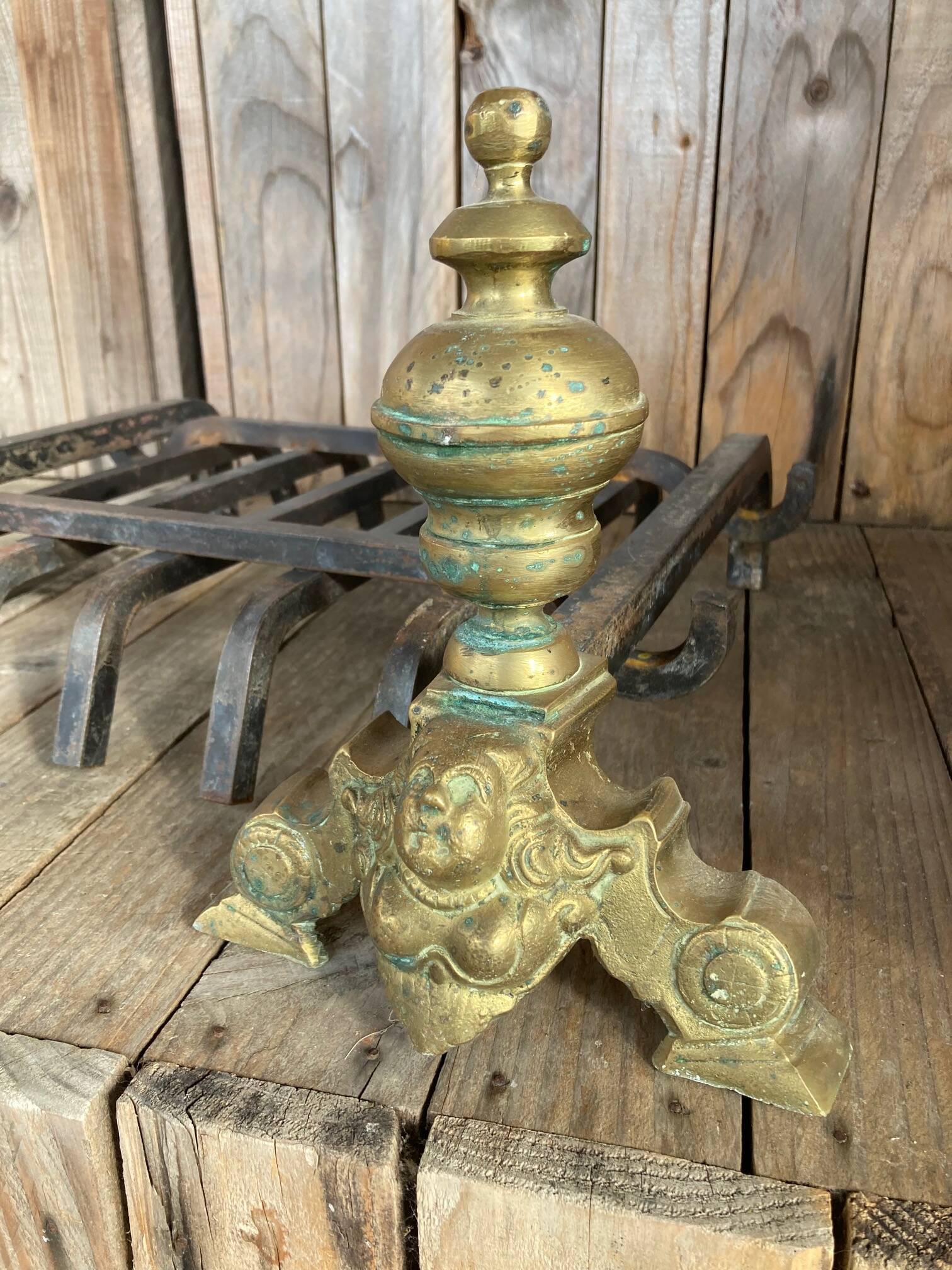 Pair of andirons and grates in cast iron and bronze with gilded grotesques, 17th century