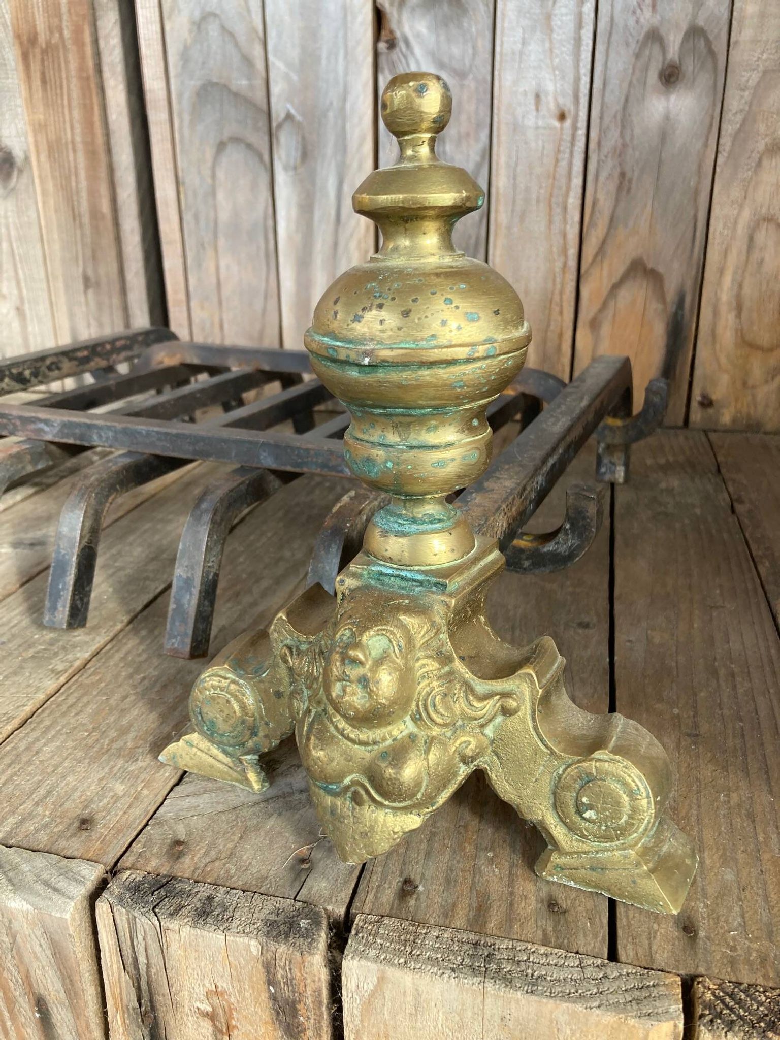 Pair of andirons and grates in cast iron and bronze with gilded grotesques, 17th century