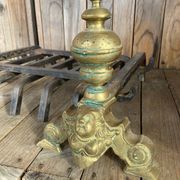 Pair of andirons and grates in cast iron and bronze with gilded grotesques, 17th century