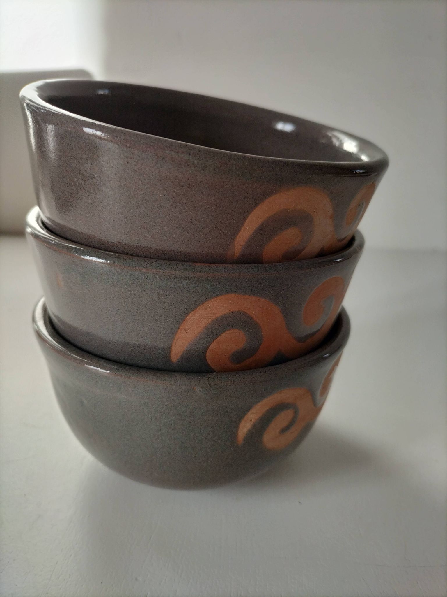 Set of 3 signed glazed stoneware bowls