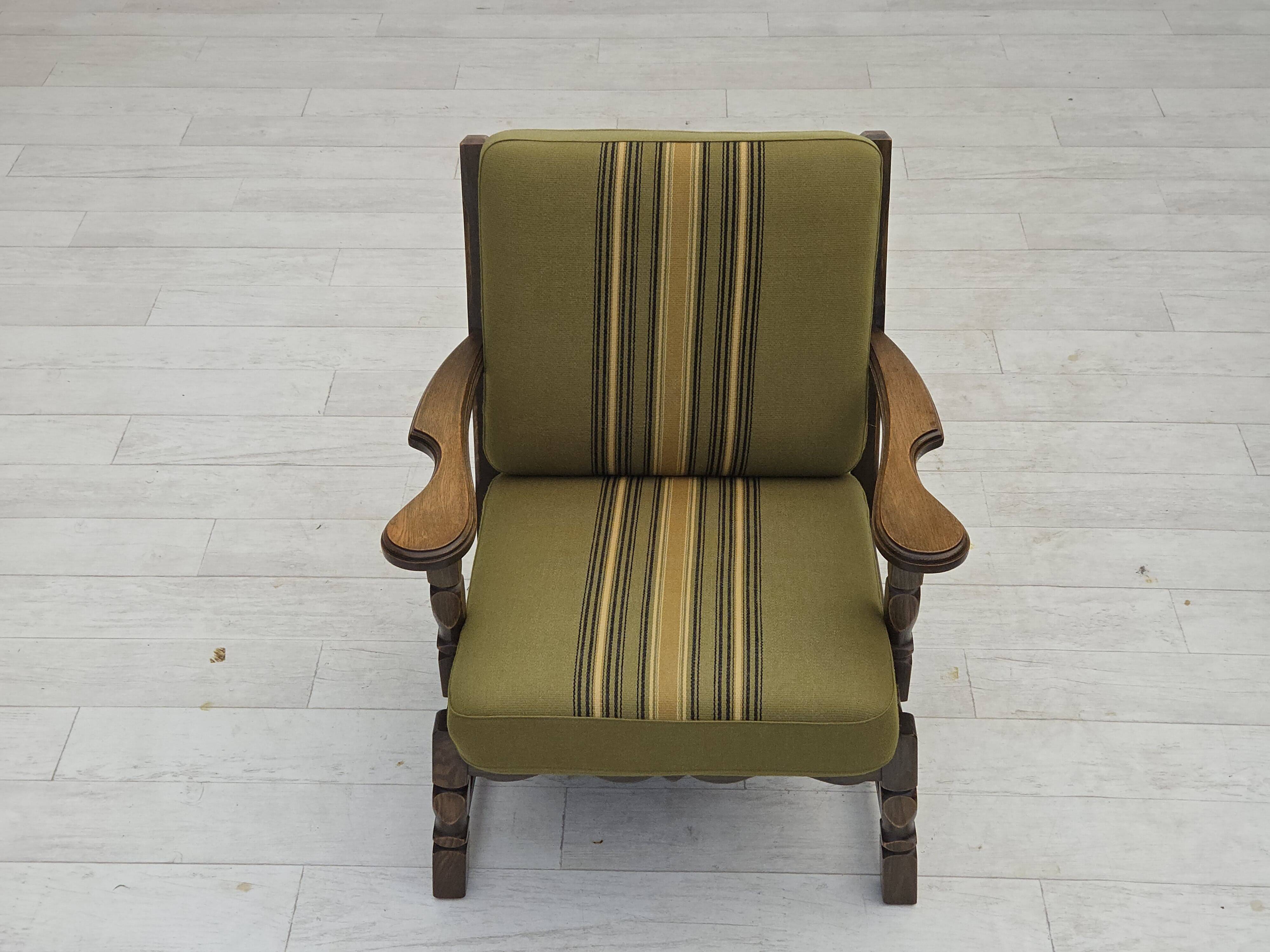 1970s, pair of Danish armchairs, original green furniture wool, oak wood.