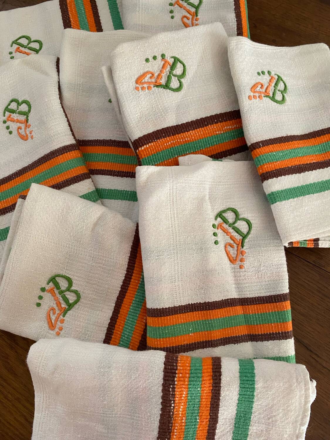 8 vintage orange and green striped napkins with JB monogram