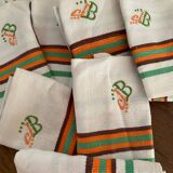 8 serviettes de table vintage liteaux oranges et verts monogramme JB