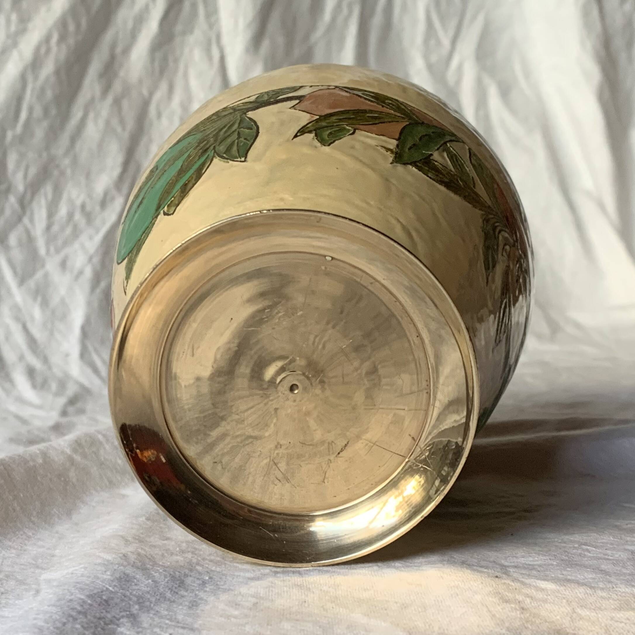 Vintage brass vase with cloisonné enamel floral decoration