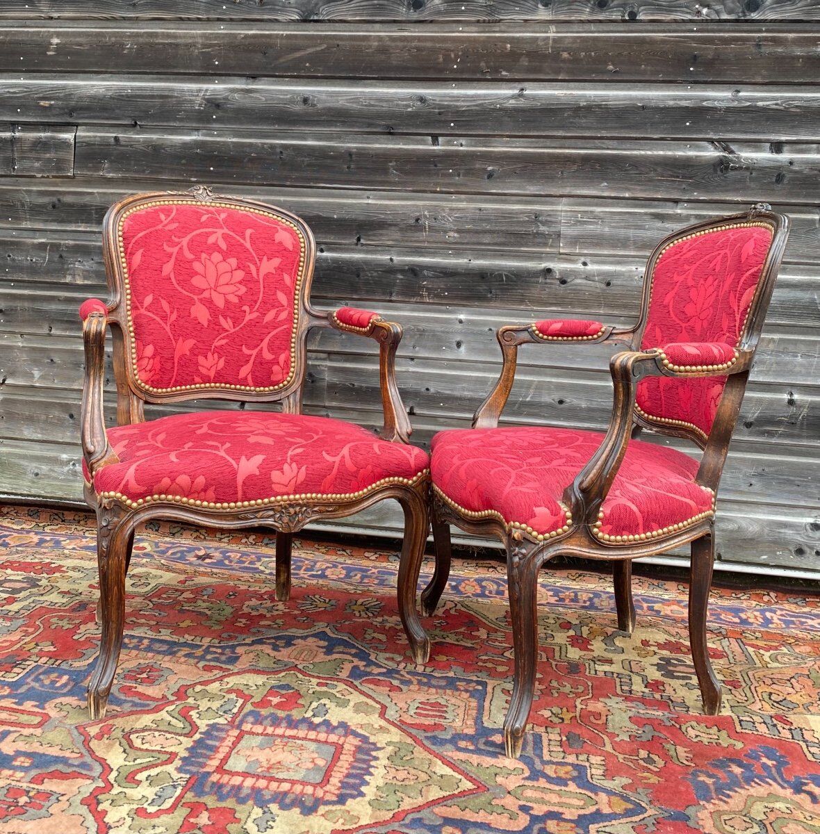 Pair of armchairs in natural wood style Louis XV XIXth century