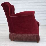 Fauteuil danois des années 1970, velours de mobilier rouge cerise, pieds en bois de chêne.