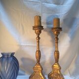 Pair of ancient carved gilded wood candlesticks - 18th century